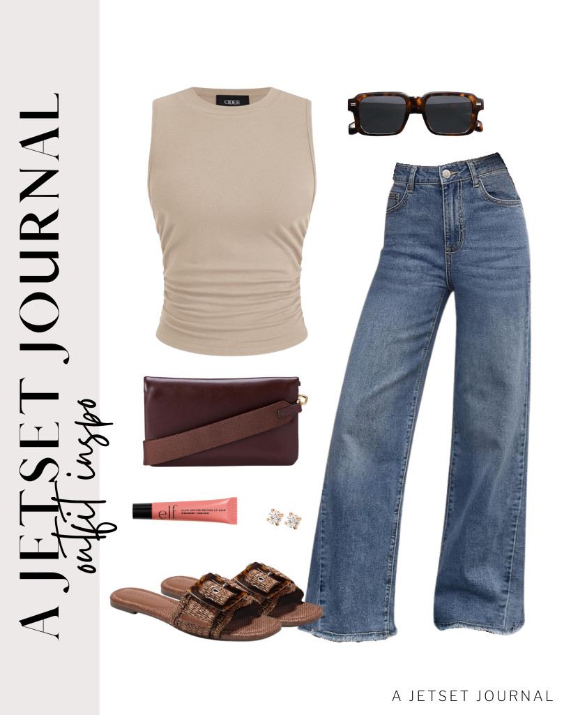 You can wear a beige tank top from CIDER and these wide-leg jeans for your next outfit. These SOJOS sunnies are also perfect for this fit, as well as Coutgo flat sandals. Don’t forget your Amazon Essentials crossbody bag and stud earrings before heading out.

#LTKSeasonal #LTKSaleAlert #LTKTravel
 

 