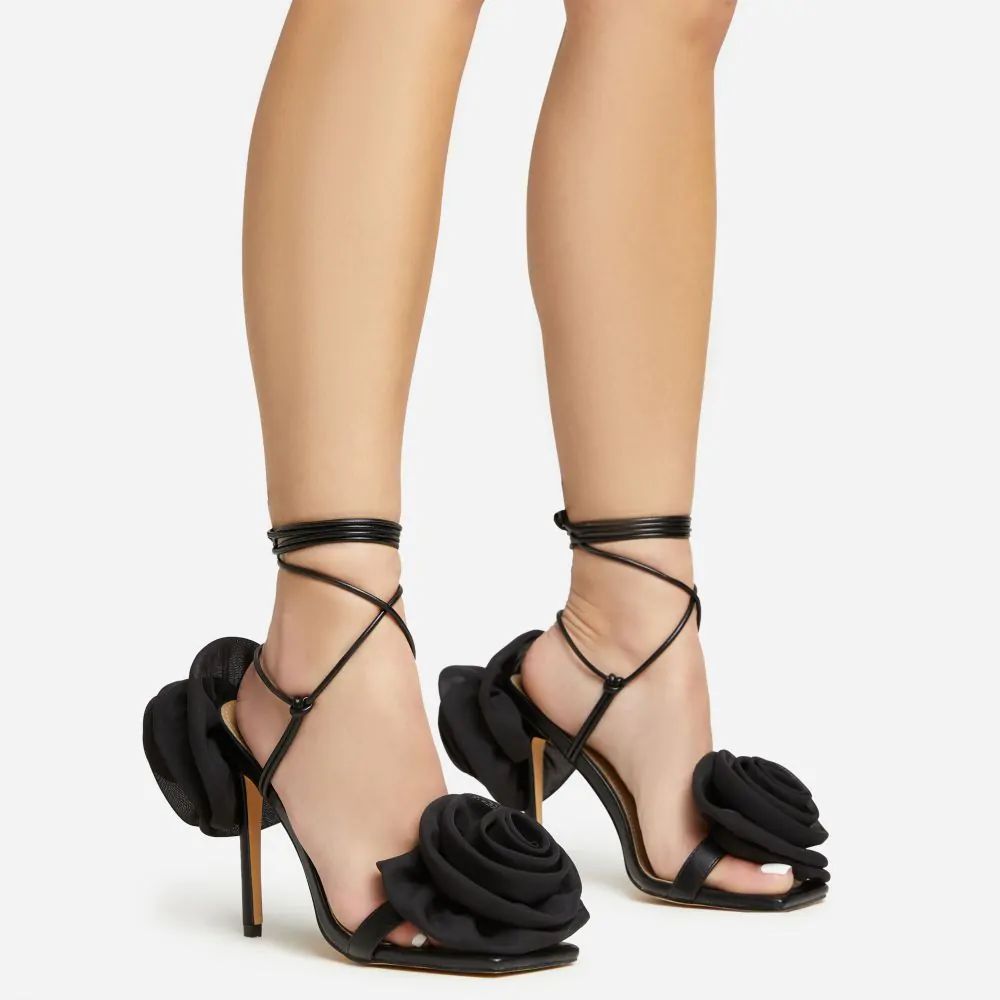 Rosalia Lace Up Knotted Strap 3D Rose Detail Square Toe Stiletto Heel In Black Faux Leather | Ego Shoes (UK)