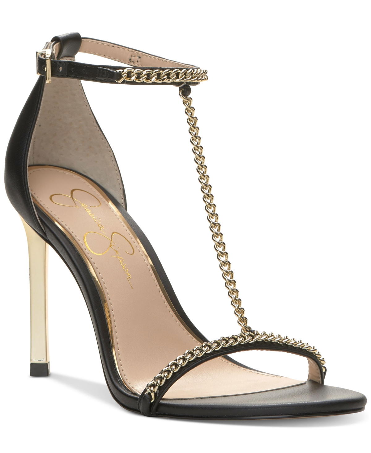 Jessica Simpson Women's Qiven T-Strap Chain Heeled Dress Sandals - Black | Macy's