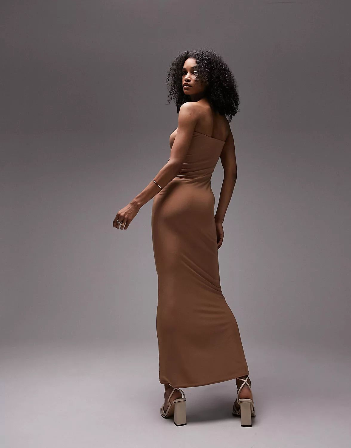 Topshop shaping super soft bandeau fitted maxi dress in mocha | ASOS | ASOS (Global)