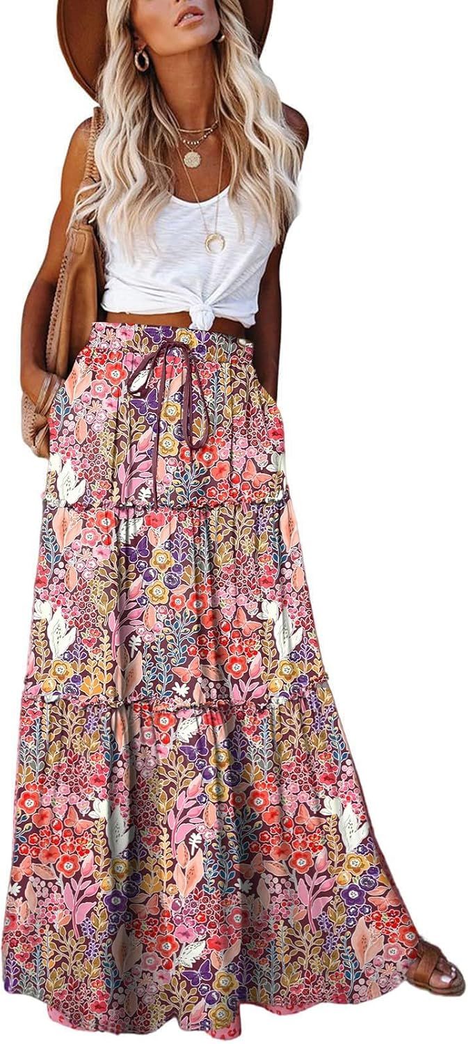 EARKOHA Womens Casual High Waist Tiered Paisley Print Long Maxi Skirt with Pockets | Amazon (US)