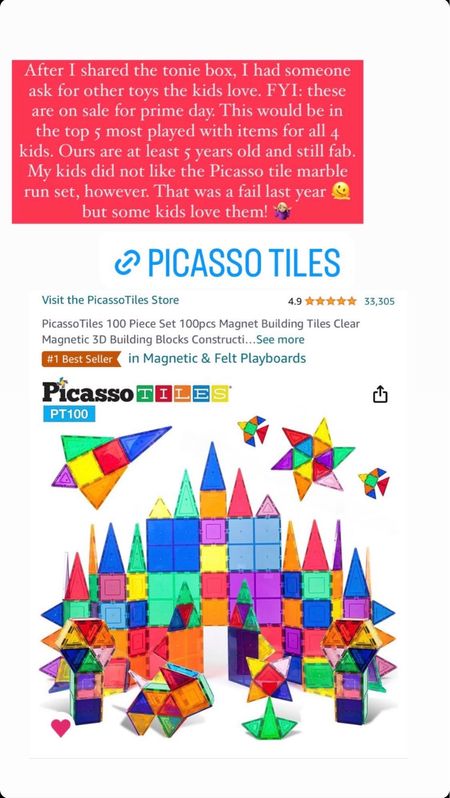 Our kids love these Picasso magnetic tiles - these would be in our top 5 most played with item for all 4 kids! We have had ours for 5 years and they are still working great! They are 47% off for Prime Day - great Christmas gift!

#LTKfindsunder50 #LTKxPrime #LTKkids