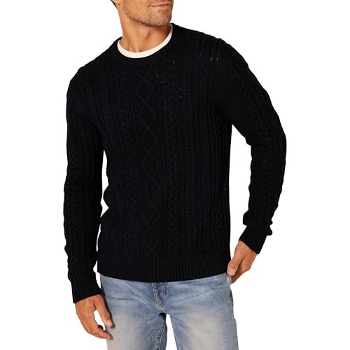 Amazon Essentials Men's Long-Sleeve 100% Cotton Fisherman Cable Crewneck Sweater, Black, X-Small | Amazon (US)