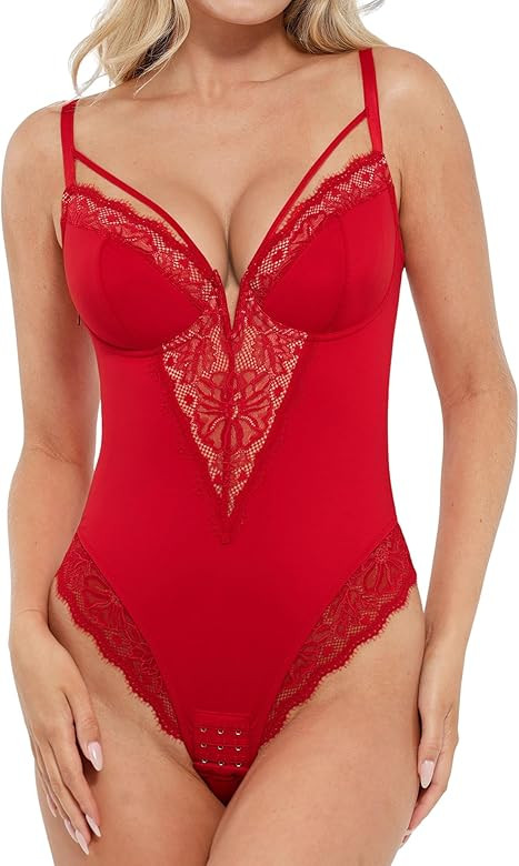 Popilush Lace Bodysuits for Women - V Neck Tummy Control Shapewear with Underwire Bra Side Zipper... | Amazon (US)