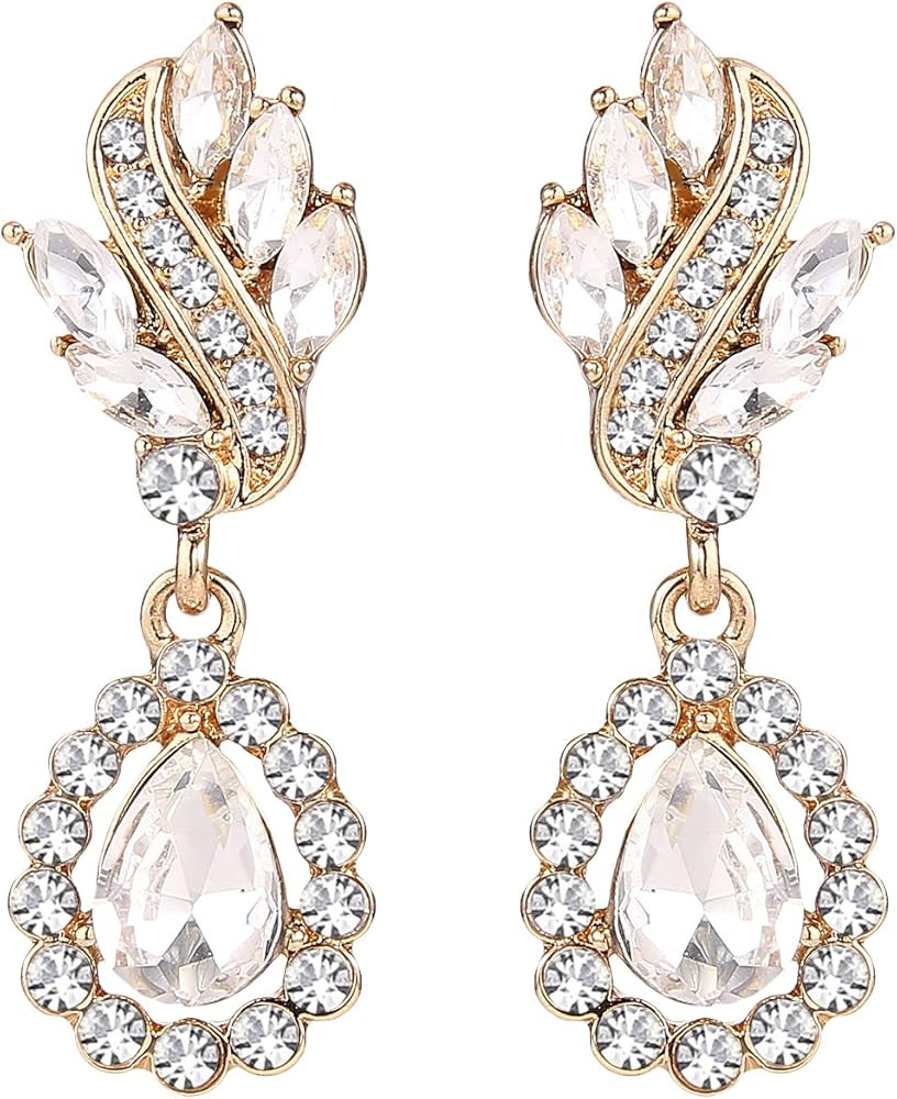 EleQueen Women's Austrian Crystal Art Deco Tear Drop Dangle Earrings Clip-on | Amazon (US)