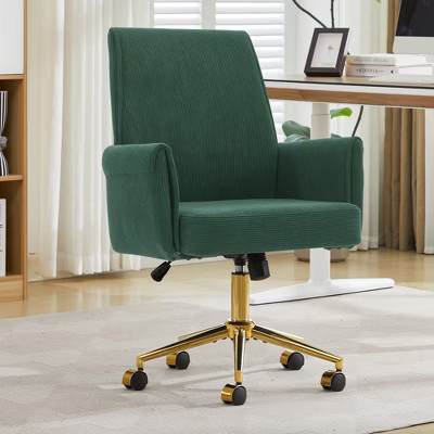 Green Mid-Back Office Chair, Corduroy Adjustable Swivel Desk Chair with Gold Base, Armrests and 5 Wheels | Target