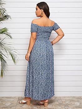Floerns Women's Boho Floral Print Off Shoulder Split Long A Line Dress | Amazon (US)
