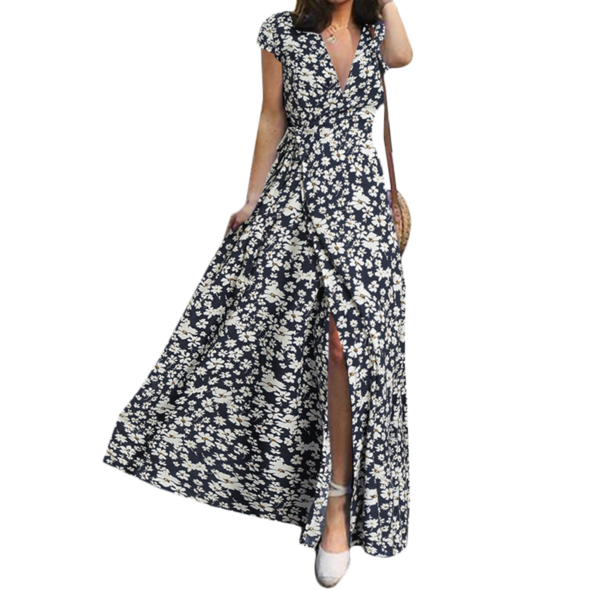 Celmia Women Summer Deep V Neck Floral Print Short Sleeve Maxi Party Dress | Walmart (US)