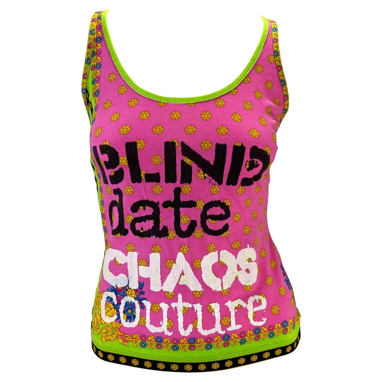 S/S 2005 Versace by Donatella Chaos Couture Print Pink Stretch Racer Tank Top | 1stDibs