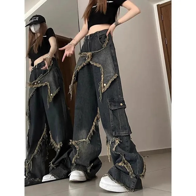 Hippona - Low Waist Washed Tasseled Wide Leg Cargo Jeans | YesStyle Global