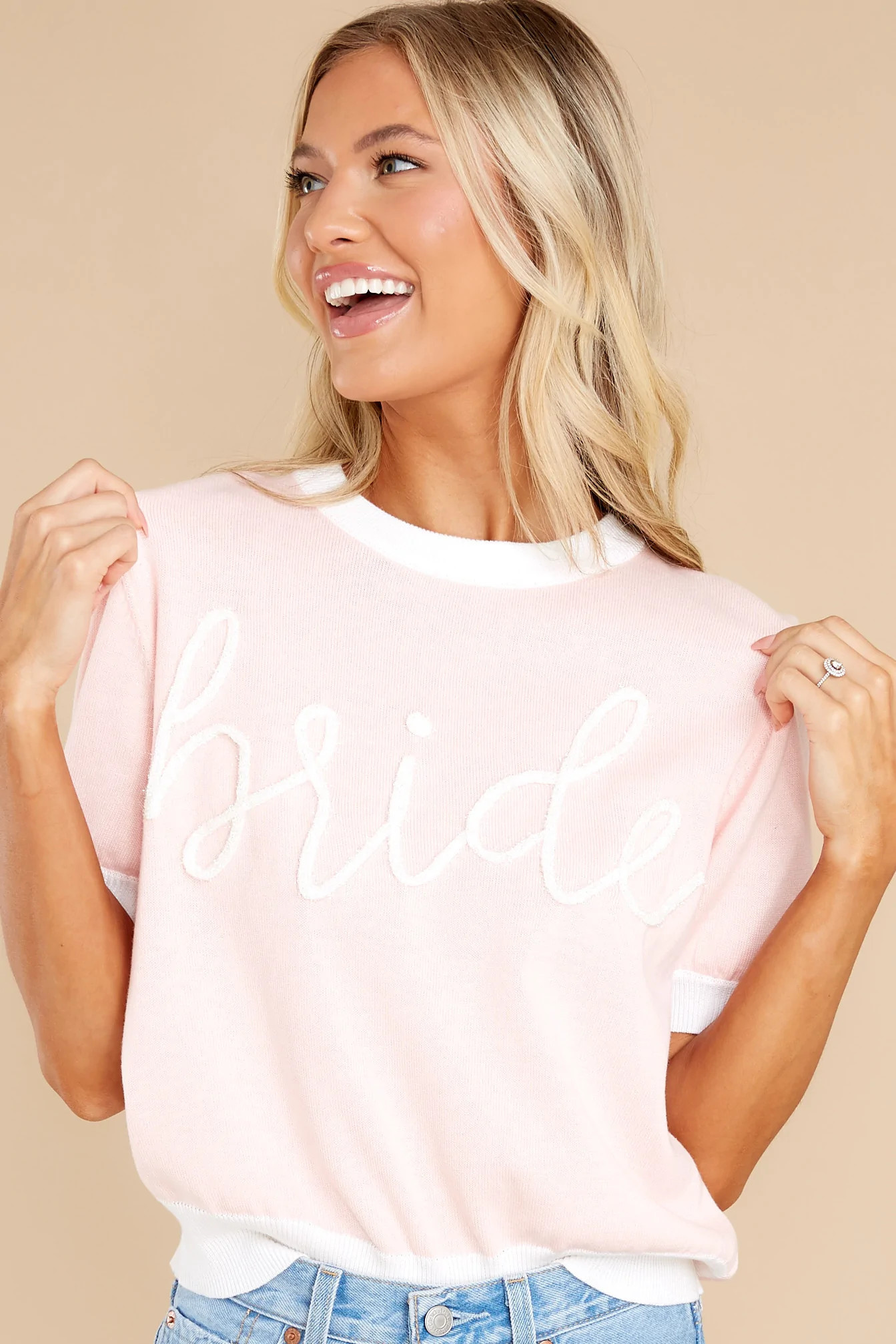 Bride Glitter Script Light Pink Short Sleeve Sweater | Red Dress 