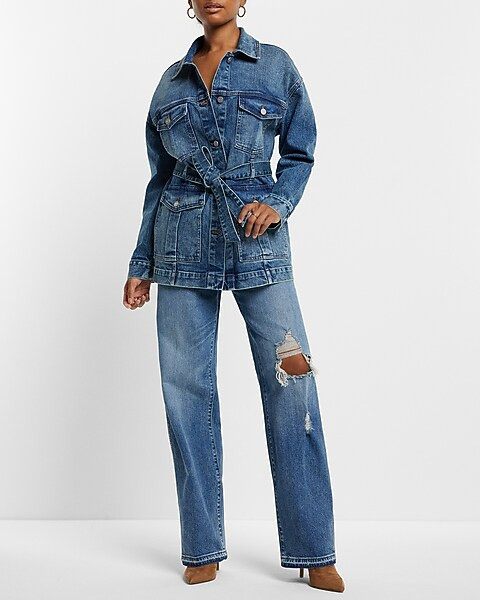 Belted Medium Wash Denim Jacket | Express
