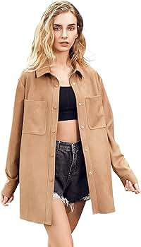 Amazon.com: Spring/Fall Casual Womens Button Down Faux Suede Jacket/Coat Soft Faux Leather Jacket... | Amazon (US)