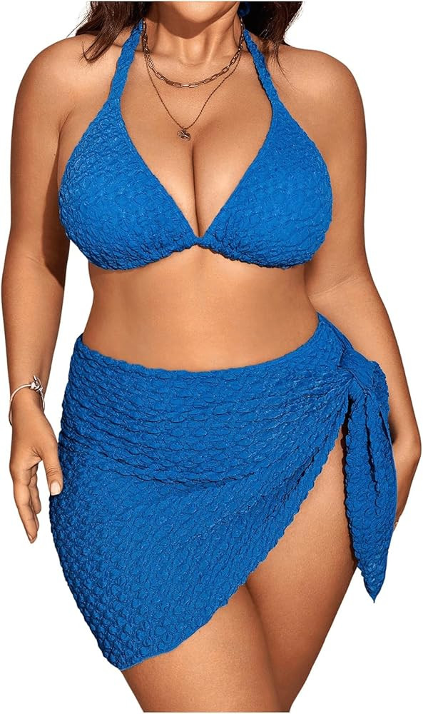 MakeMeChic Women's Plus Size 3 Piece Bikini Sets Tie Backless Halter Triangle Swimsuit Bathing Su... | Amazon (US)