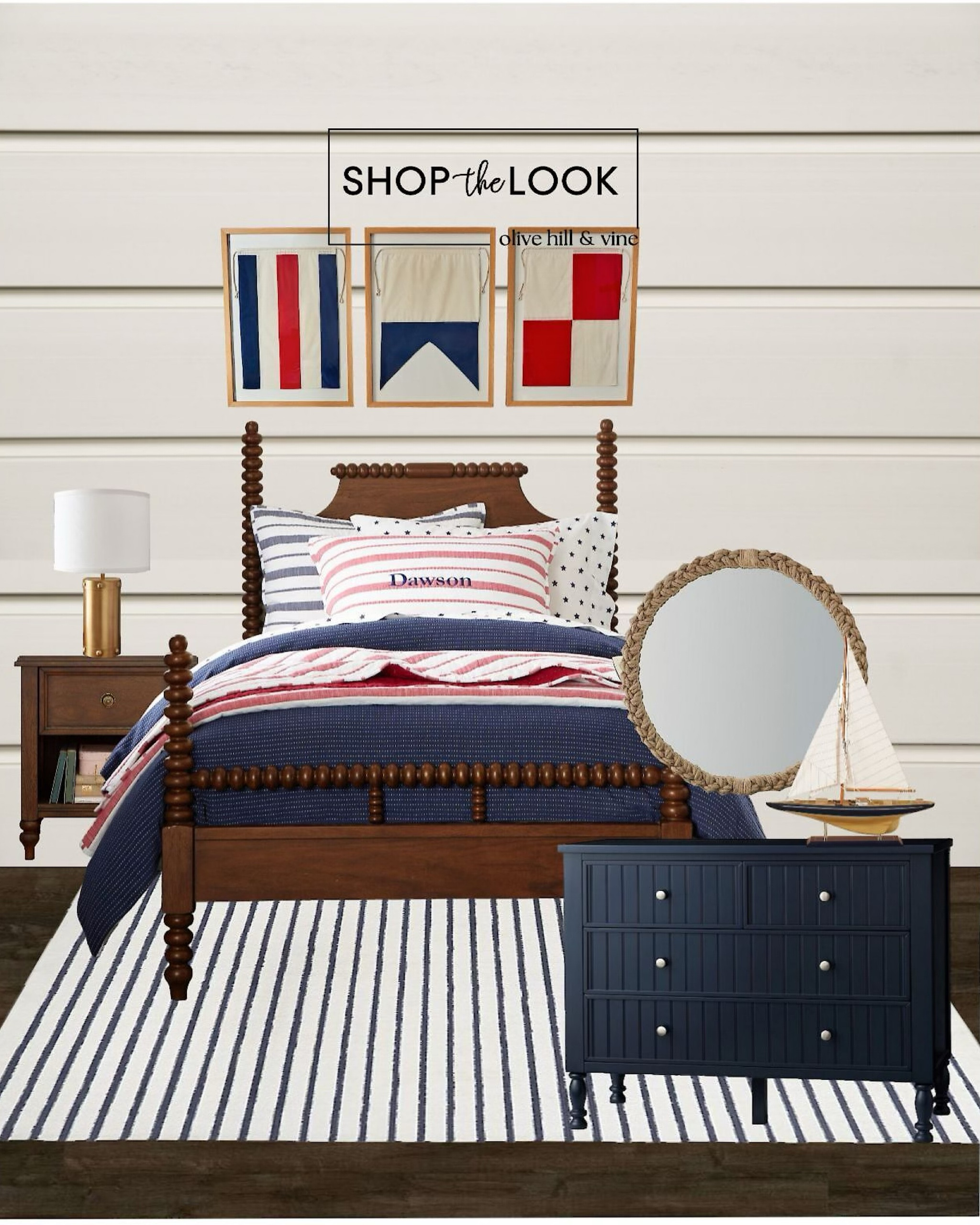 Dreaming of coastal charm? Discover our curated nautical bedroom vibe! Picture a dark walnut spindle bed with a curved headboard, wrapped in blue and red striped bedding. Add a chic cylinder table lamp, nautical flag artwork, a sailboat sculpture, and a rope mirror for the perfect seaside retreat. 

#LTKKids #LTKHome #LTKFamily