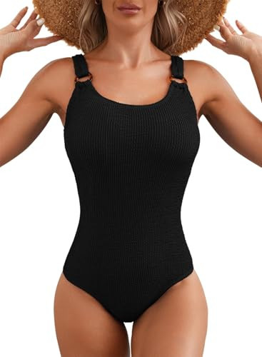 Herseas Women's One Piece Swim Suits High Cut Low Back One Piece Beach Swimwear Solid Ribbed Bathing Suits Black X-Large | Amazon (US)