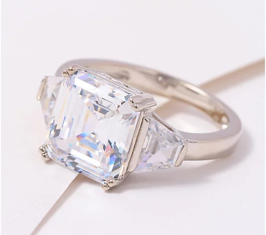Diamonique Asscher Cut 3-Stone Ring, Sterling Silver - QVC.com | QVC