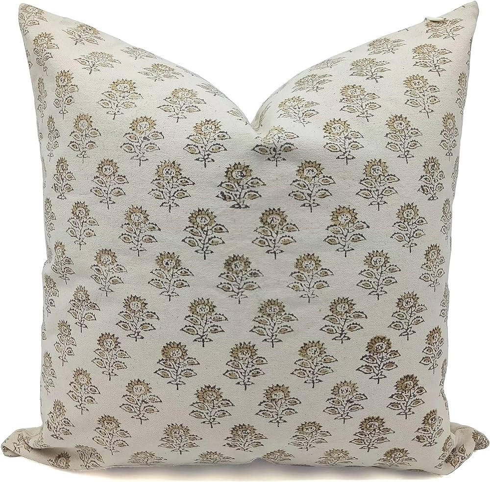 Thick Cotton Throw Pillow Cover Handmade Cushion Zip Cover Floral Print with Boho Design (Yellow,... | Amazon (US)