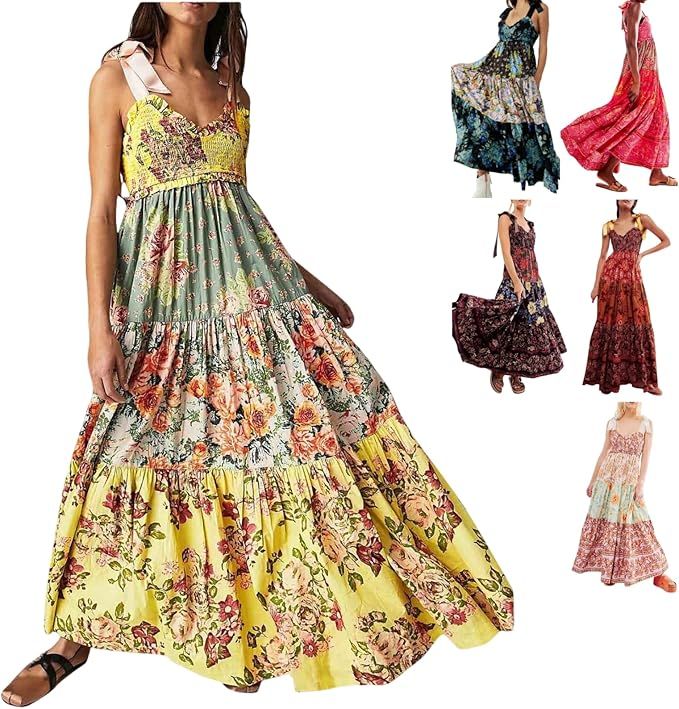 Floral Dresses for Women 2024 Tie Shoulder Maxi Dress Boho Midi Dresses Wedding Guest Dresses for... | Amazon (US)