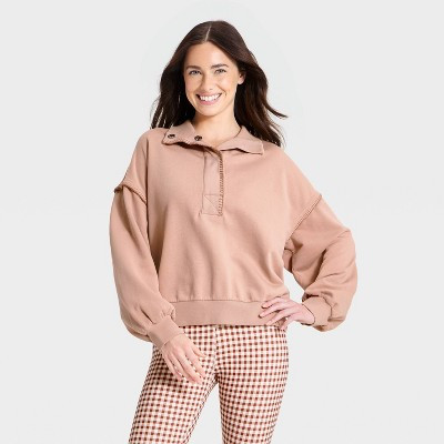 Women's French Terry Henley Sweatshirt - JoyLab™ Light Taupe S | Target