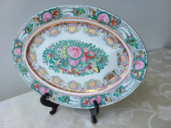 Vintage Canton With Greek Key Rose Medallion Oval Platter,  Hand Painted In Hong Kong Canton Rose... | Etsy (US)