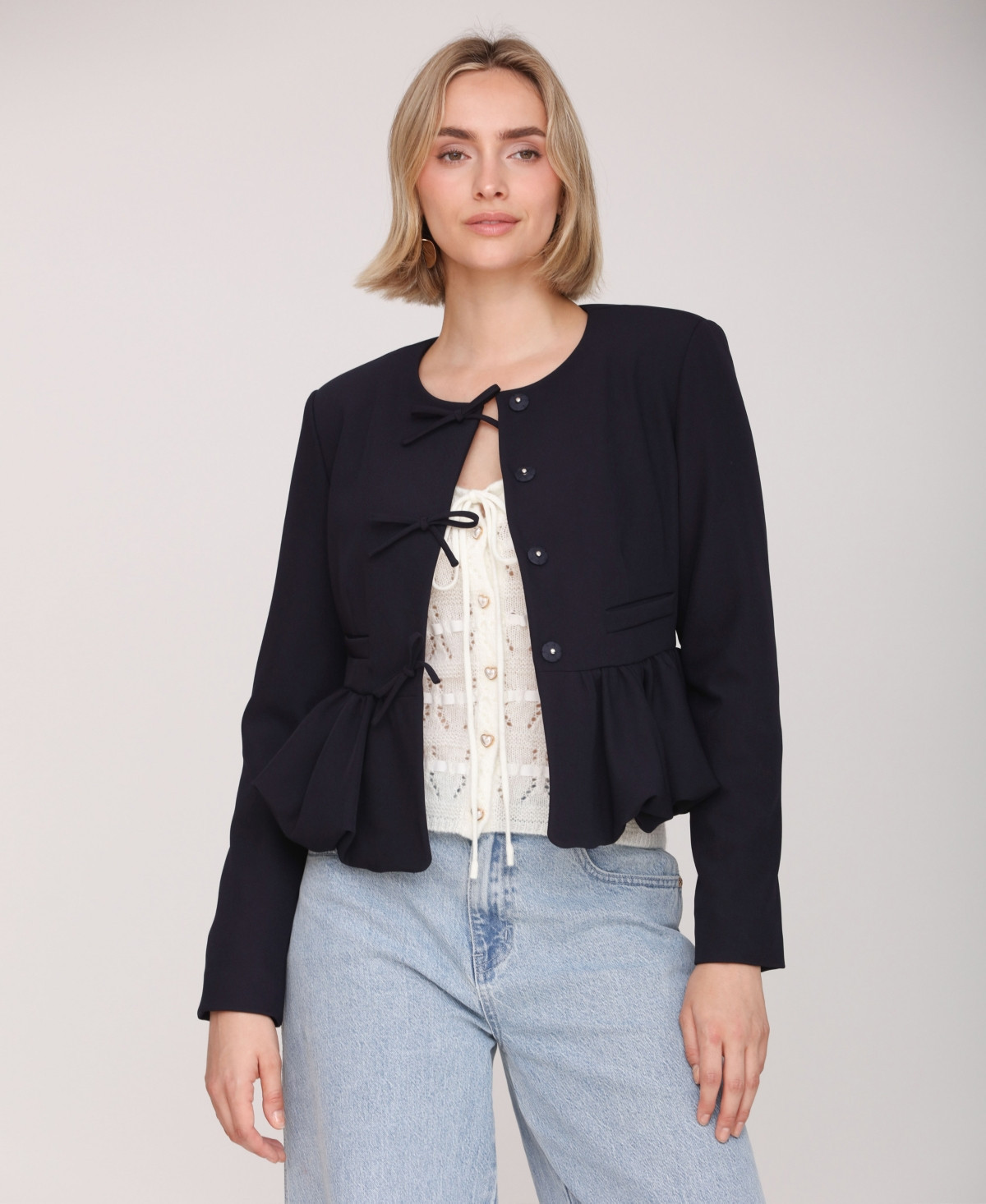 Avec Les Filles Women's Long Sleeve Bow Jacket - Navy-cobalt Venetian Paisley | Macy's