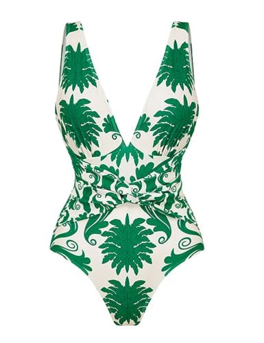 FLAXMAKER Women's Bathing Suit Printed Wrap Tummy Control One Piece V Neck Crisscross Swimsuit and Skirt (US, Alpha, Small, Regular, Regular, Green Swimsuit Only) | Amazon (US)