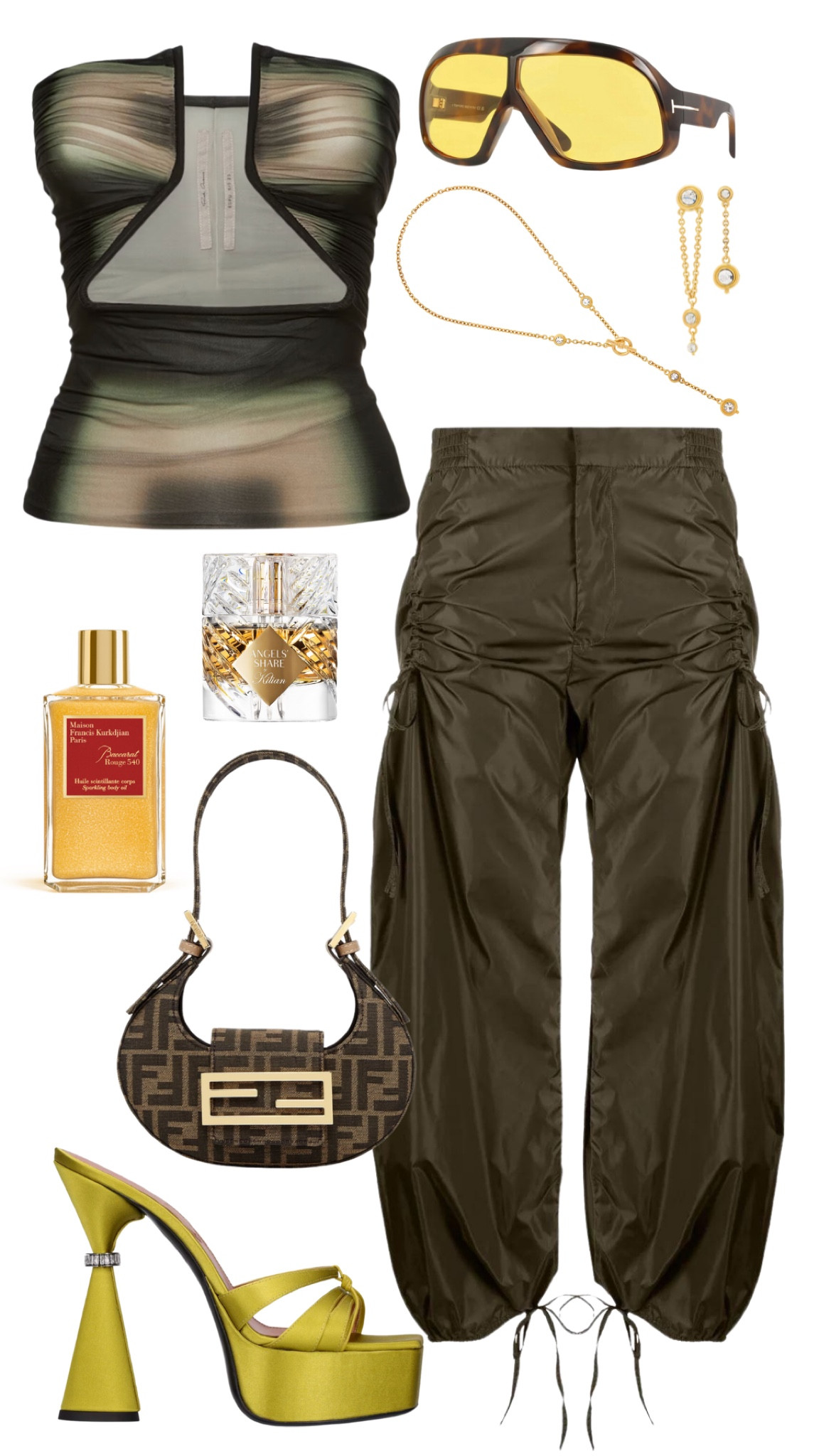 rick owens top 
jean paul gaultier pants 
d’accori heels
fendi cookie bag 
tom ford sunglasses 
MFK baccarat 540 body oil 
kilian angel share perfume 
ben-amun earrings and necklace 

#LTKFind #LTKstyletip #LTKshoecrush