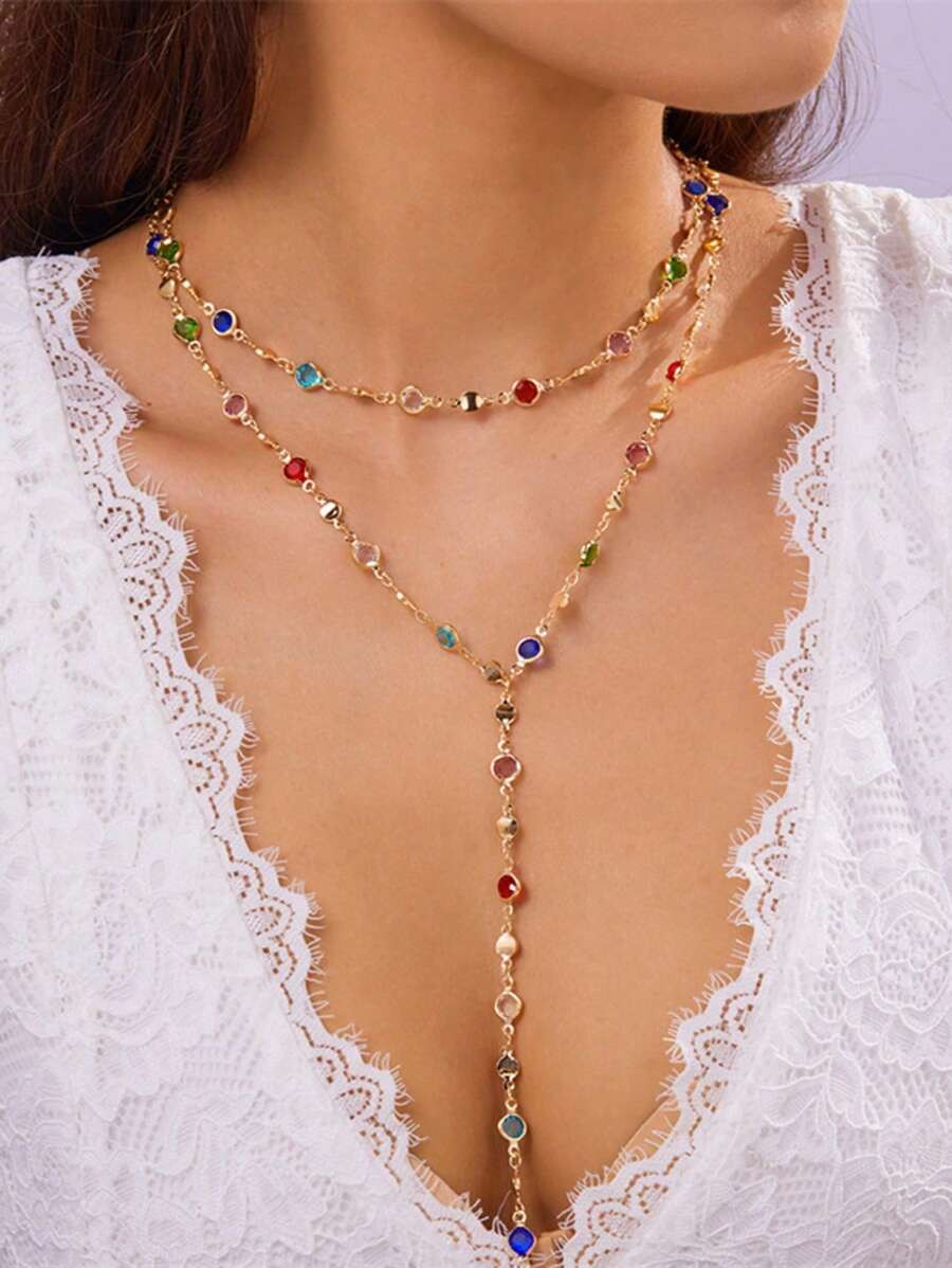 1pc Fashionable Personalized Random Color Zirconia Oval Metal Chain Y-Necklace, Suitable For Trav... | SHEIN