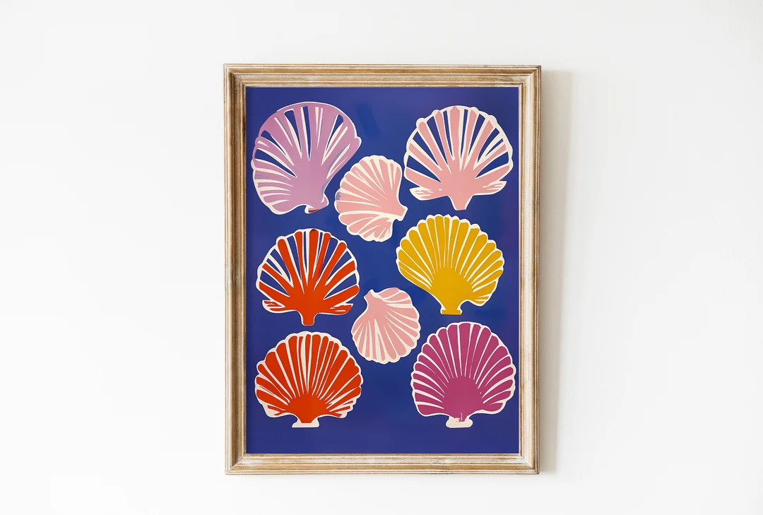 Blue Pink Sea Shell Print - Beach Wall Art, Scallop Shell Painting, Minimalist Summer Decor, Coas... | Etsy (US)