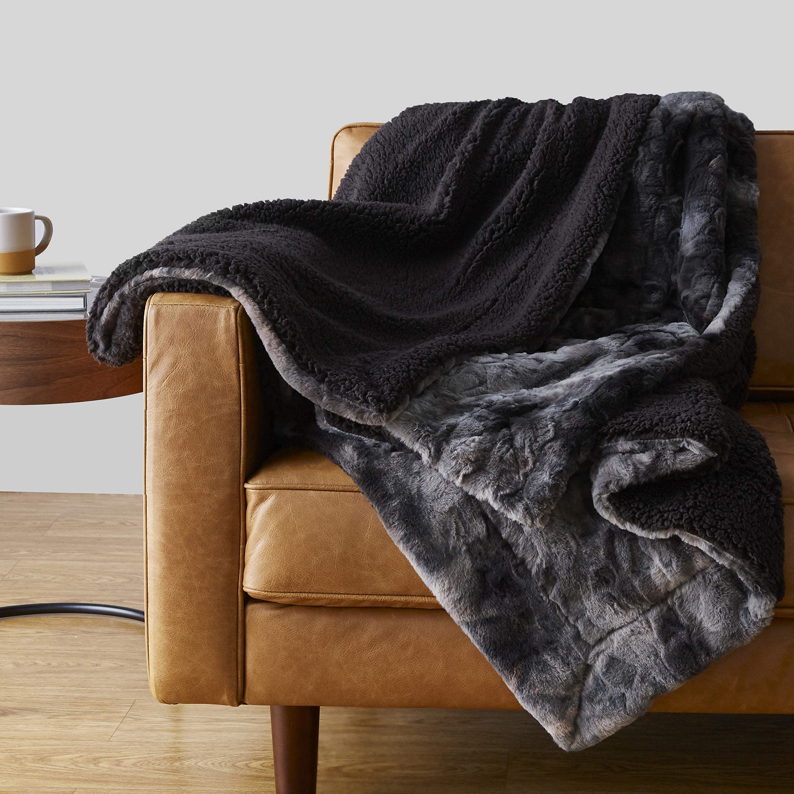 Amazon Basics Fuzzy Faux Fur Sherpa Throw Blanket, 50"x60" - Moonlit Black | Amazon (US)