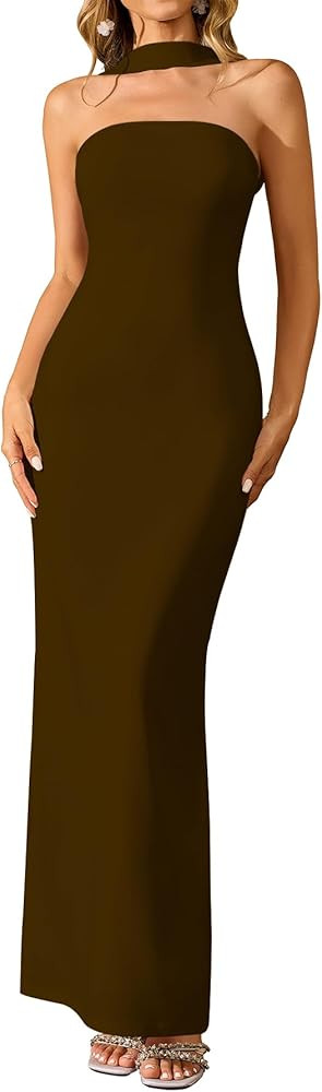 HTZMO Women Elegant Summer Bodycon Maxi Dress Halter Neck Formal Wedding Guest Cocktail Party Lon... | Amazon (US)