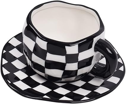 Koythin Ceramic Coffee Mug, Novelty Black and White Plaid Cup with Saucer for Office and Home, Di... | Amazon (US)