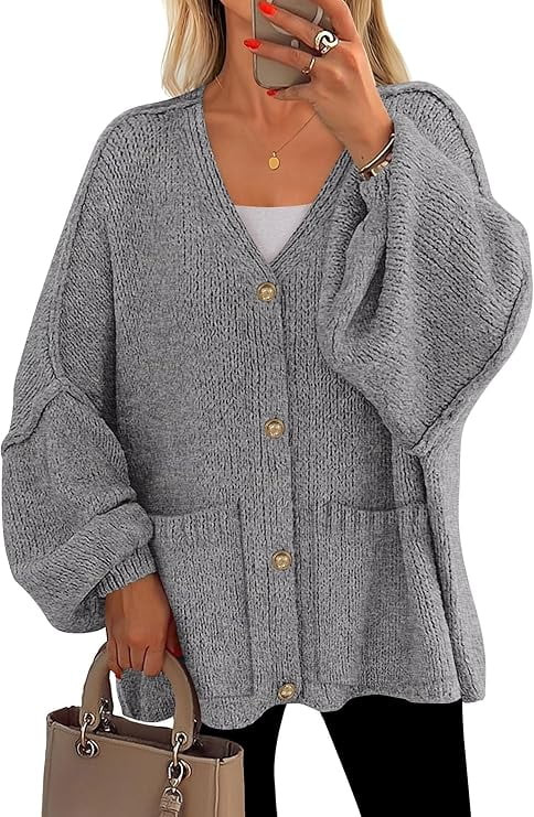 PRETTYGARDEN Fall Chunky Cardigan Sweaters for Women Button Long Lantern Sleeve Knit Oversized Sweater Coats with Pocket | Walmart (US)