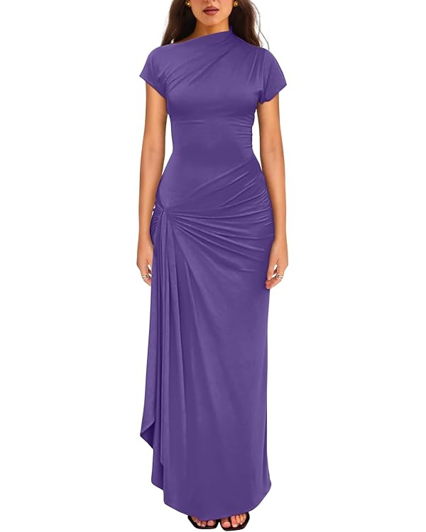 YMDUCH Women's Casual Short Sleeve Boat Neck Ruched High Split Bodycon Long Party Dress | Amazon (US)