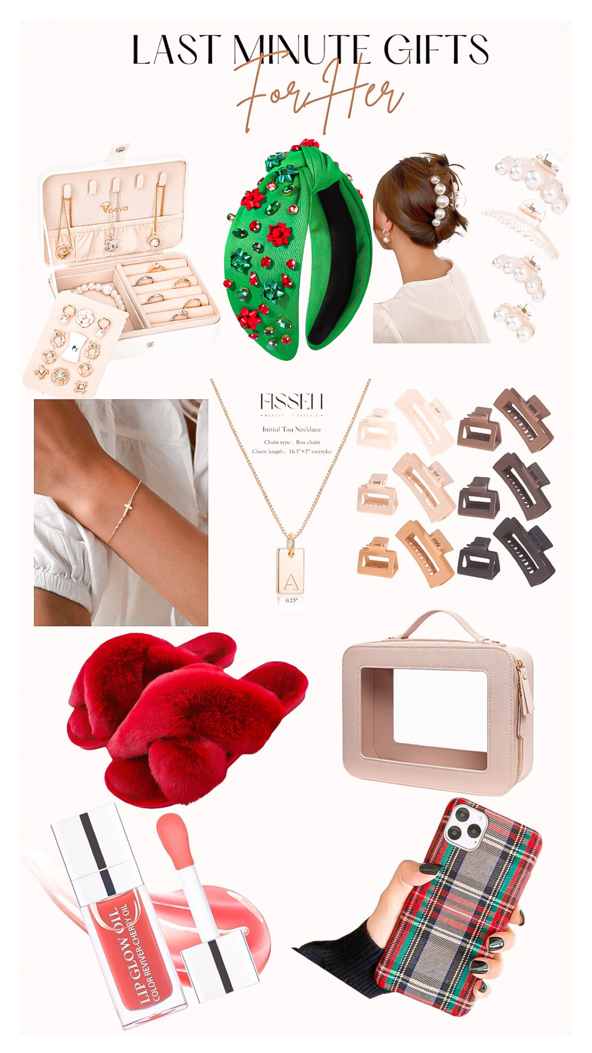 Last minute gifts 
For Her 🎄🎁

Jewelry organizer , travel organizer, Christmas headband, Pearl hair clips , cross bracelet, Amazon finds, Amazon stocking stuffers, stocking stuffers, initial necklace, neutral hair clips, cozy slippers, red slippers, travel bag, clear bag, clear makeup bag, plaid cell phone case , lip gloss , lip oil , gifts for her, gift guide 

#LTKGiftGuide #LTKHoliday #LTKfindsunder50