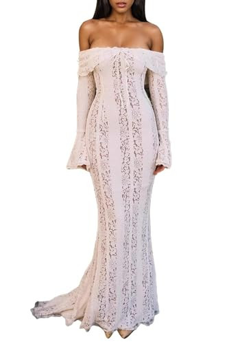LETSVDO Womens White Lace Maxi Dress Long Sleeve Off The Shoulder Sheer Hollow Out Formal Wedding Guset Dress | Amazon (US)