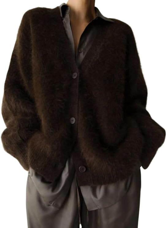 Womens Fuzzy Sweaters Cardigan V-Neck Button Down Oversized Mohair Sweater Casual Y2k 2025 Fall W... | Amazon (US)
