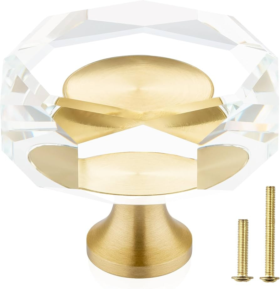 QOGRISUN 10-Pack Brass Crystal Cabinet Knobs,Glass Crystal Gold Drawer Knobs,1-1/4-Inch Polygon,D... | Amazon (US)
