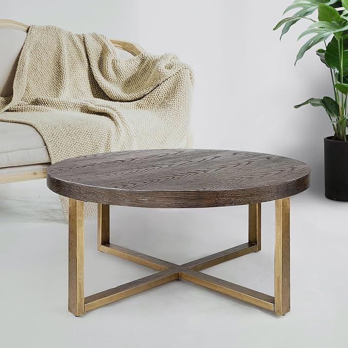 Round Coffee Table, Wood Top and Gold Painting Legs, 36" D x 16" H | Amazon (US)