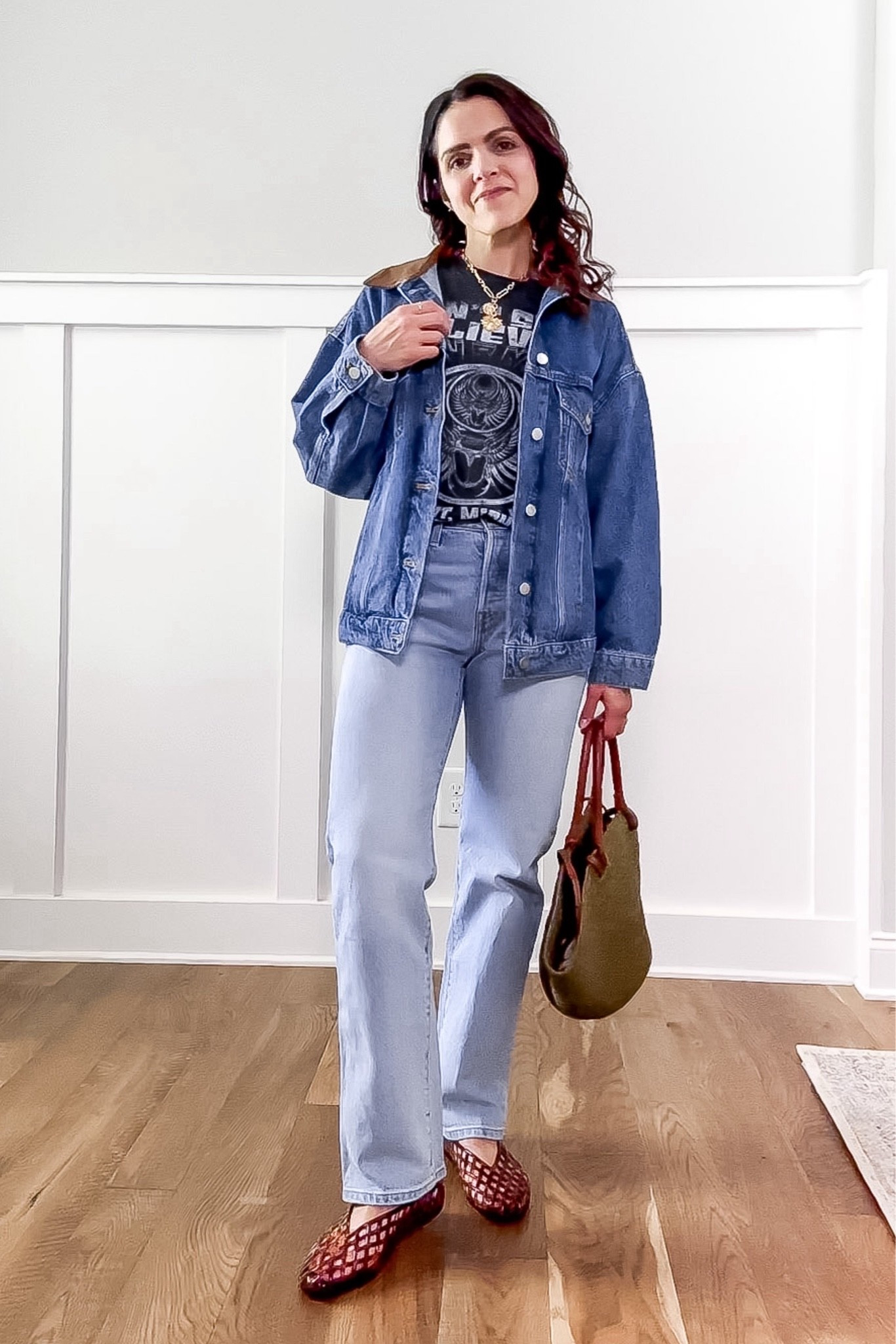 Outfit formula: jeans + tee | Add personality through styling.

Graphic tee, straight leg jeans, denim jacket, tortoise jelly flats, straw tote bag, charm necklace

#LTKgrwm #LTKootd