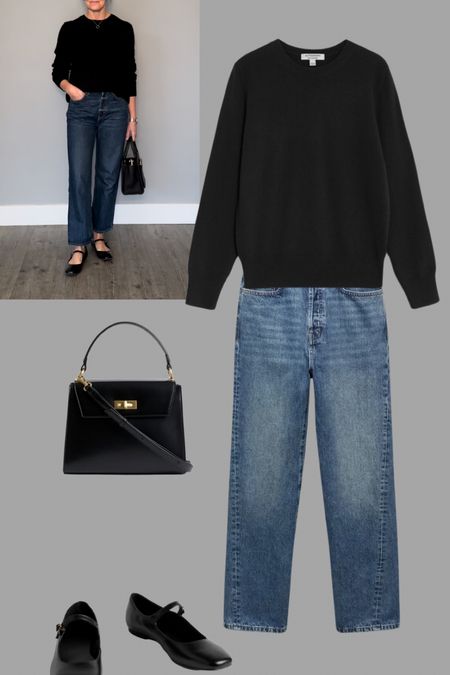 Styling straight cropped jeans with Mary Janes, a classic top handle bag and the best cashmere on the high street x