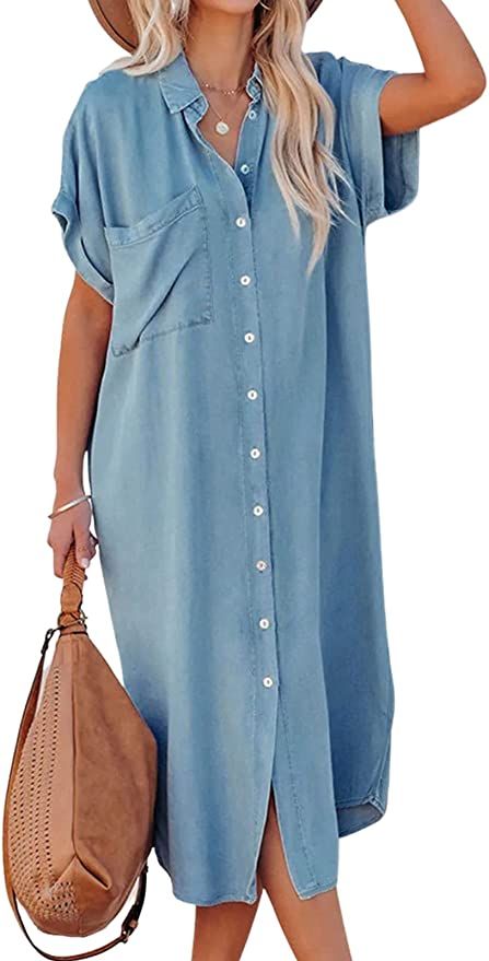 CUPSHE Dress for Women Bell Sleeve Button Down Dress Short Sleeve V Neck Casual Shirt Dresses | Amazon (US)