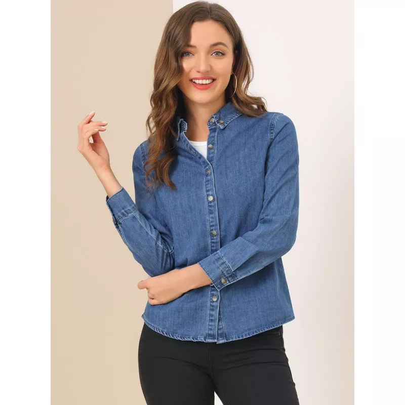 Allegra K Women's Classic Long Sleeve Loose Fit Button Up Denim Shirt | Target