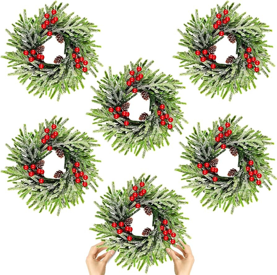 6 Pcs Christmas Wreath 10 Inch Green Artificial Wreaths Red Berry Pinecones Wreaths for Front Doo... | Amazon (US)