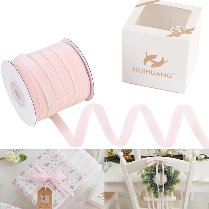 HUIHUANG Pink Velvet Ribbon 3/8 inch x 25 Yards Single Face Light Pink Velvet Ribbon for Gift Wra... | Amazon (US)