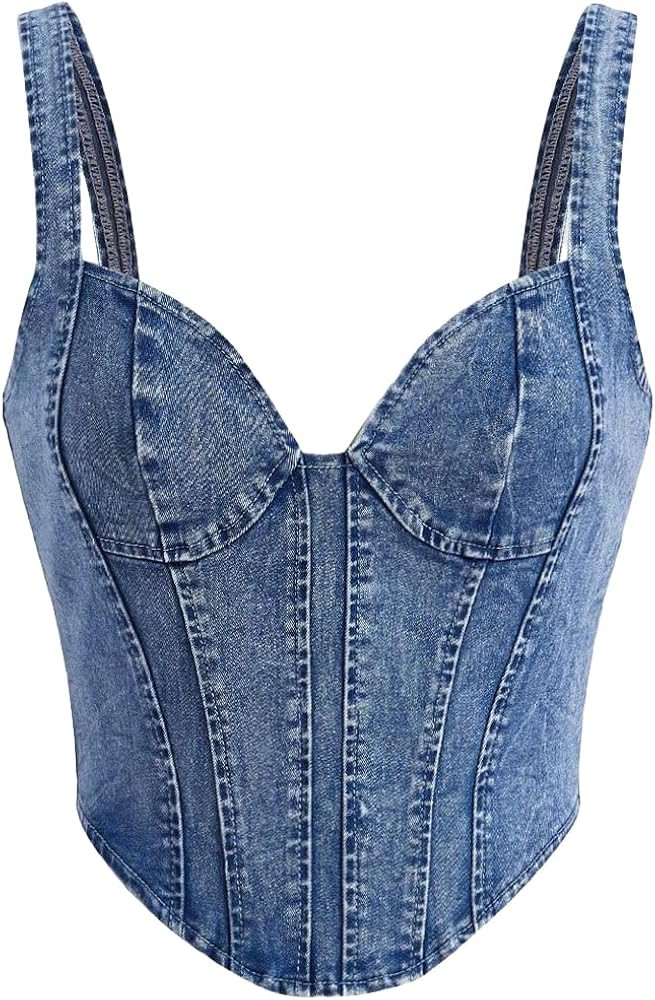 Verdusa Women's Sweetheart Neck Sleeveless Asymmetrical Denim Crop Cami Top | Amazon (US)