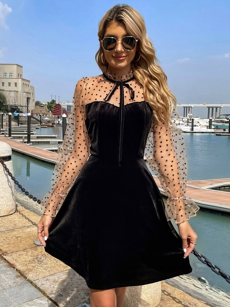 Frill Tie Neck Contrast Heart Mesh Flounce Sleeve Dress | SHEIN