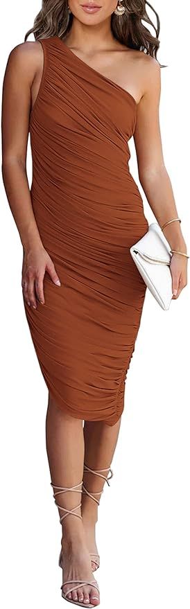 PRETTYGARDEN Women's Ruched Bodycon Dress 2024 Summer One Shoulder Sleeveless Party Cocktail Penc... | Amazon (US)