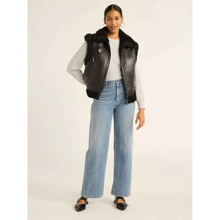 Scoop Women's Faux Suede Zip Vest with Faux Shearling Lining, Heavyweight, Sizes XS-XXL | Walmart (US)